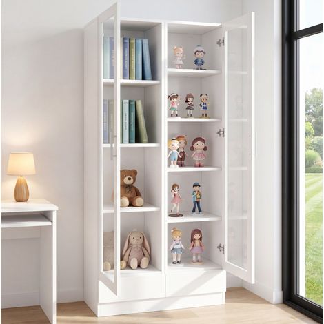 Mobile contenitore con ante in vetro, 2 cassetti, 80 x 40 x 160 cm, bianco OKMYHOME (1/5)