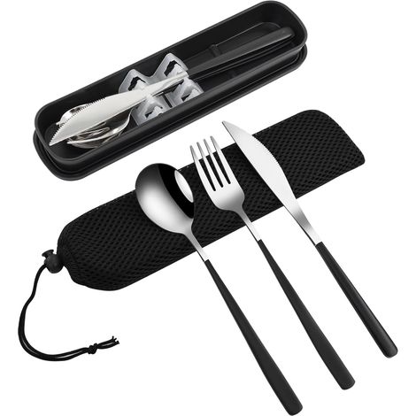 Ensemble de couverts de voyage 3 pièces en acier inoxydable 18/8, avec étui, réutilisable. (1/5)