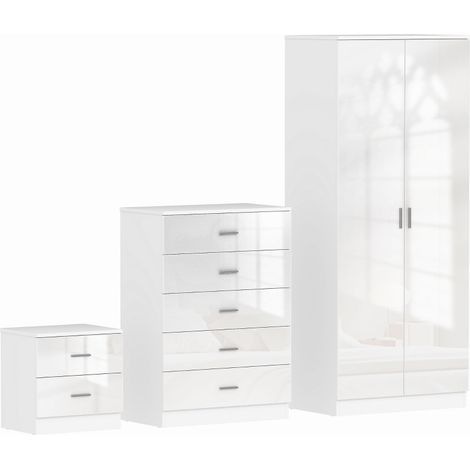 High Gloss 3 Piece Trio Bedroom Furniture Set Wardrobe + Chest Of Drawer + Bedside White