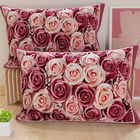 Lot de 2 Taies d'Oreillers 60x40 cm 100% Microfibre Hypoallergénique, Housse Oreiller Rectangulaire Floral Rose Fuchsia, Paquet de 2