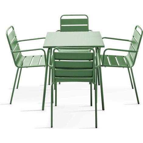 Ensemble table de jardin carrée et 4 fauteuils acier vert cactus - Palavas