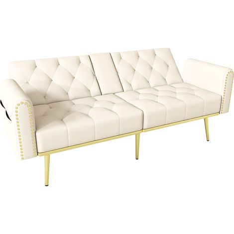 2-Sitzer-Schlafsofa aus beigem Samt mit verstellbarer Rückenlehne und Becherhalter (1/5)