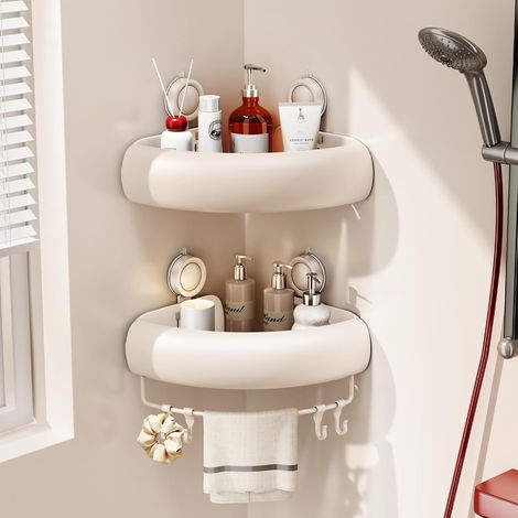 Etagere Douche Angle Ventouse, Etagere Angle Salle De Bain Sans Percage avec Porte Serviettes et Crochets Rangement et Organisation de La Salle de Bain Support Gel Douche(2 PièCes, Blanc) (1/5)