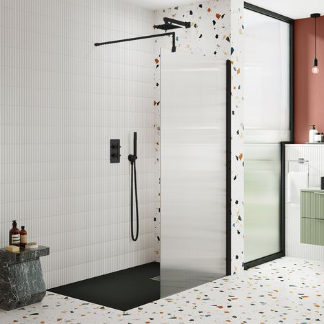 Nuie Fluted Wet Room Screen 1850mm High x 1000mm Wide with Support Bar 8mm Glass - Matt Black (1/5)