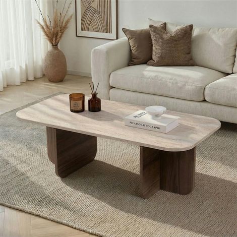 Table basse design organique décor travertin et noyer MARFA (1/5)