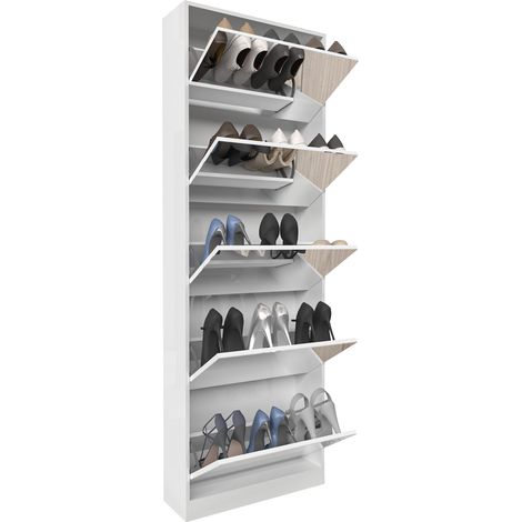 Meuble à chaussures miroir ultrafin avec 5 rabats, 63 x 19,6 x 185 cm, gain de place pour entrée et couloir, coloris blanc, rangement compact, de CHICFURN (1/5)