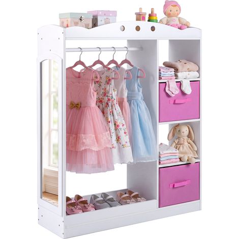 Portant a Vetement Enfant avec Miroir en Acrylique, Penderie Ouverte avec Tringle, Étagères et 2 Tiroirs en Tissu, Garde-Robe, 90 x 30 x 111,5 cm (1/5)