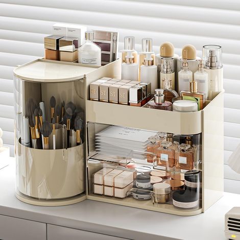 Make-up-Organizer mit drehbarem Pinselhalter, Kosmetik-Organizer mit Schubladen, Kosmetik-Organizer für die Arbeitsplatte, Kosmetik-Präsentationsständer (Creme, Groß) (1/5)
