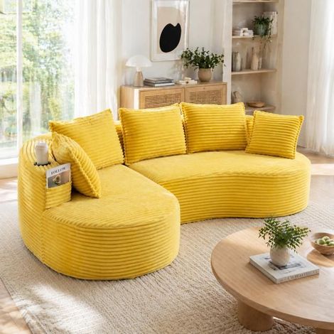 Canapé incurvé en velours côtelé, avec rangement, porte-gobelets, poches latérales, 250 x 152 x 82 cm, jaune, design moderne (1/5)