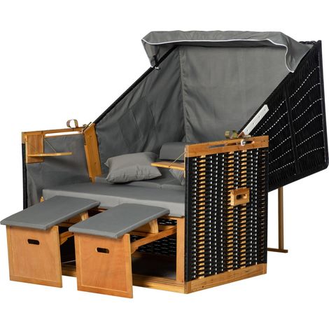 Strandkorb Volllieger Gartenliege Mit Getränkehaltern, Pe-Rattan, Hellgrau, 118X79X160Cm