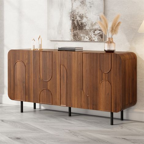 Buffet Sideboard 160x40x79cm - Noyer Style Mid-Century avec 4 Portes 8 Compartiments et Reliefs Géométriques - Marron (1/5)