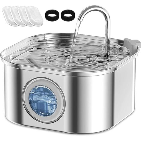 Fontaine à eau pour animaux de compagnie en acier inoxydable 3,2 L, fontaine à eau ultra-silencieuse pour chats, 4 filtres à charbon actif + 2 éponges (carrée, 3,2 L)
