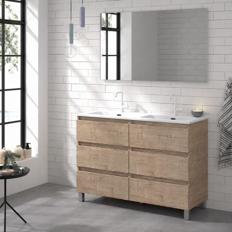Meuble de salle de bain OROSI 6 tiroirs 120 cm Nature avec double lavabo