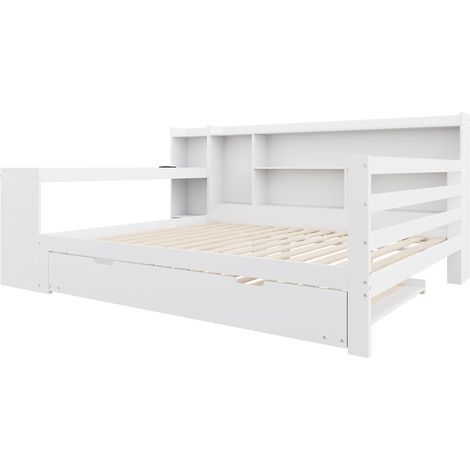 Letto multifunzione 140 x 200 cm con letto estraibile, scrivania, ripiani e presa, bianco (1/5)