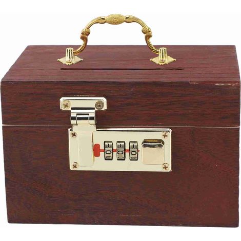 Coffre à monnaie en bois verrouillable avec cadenas à code, style vintage, avec poignée et bords sans ourlet. (1/5)