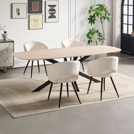 Ensemble table 200cm effet travertin + 4 chaises tissu bouclette blanc