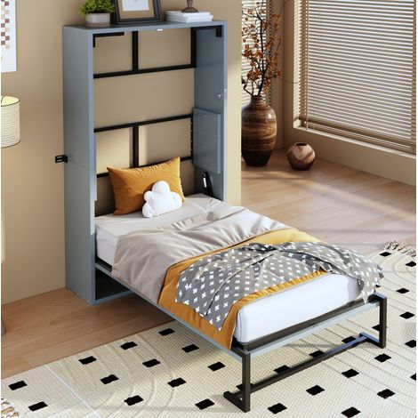 Letto a scomparsa verticale moderno in metallo e legno grigio 90x200 cm con fissaggio a parete