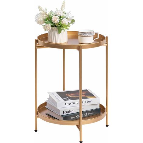 Table D'appoint Ronde Doré Métal Petite Table Basse 2 Etages Bout de Canapé pour Salon Chambre Balcon Terrasse Jardin, Doré (1/5)