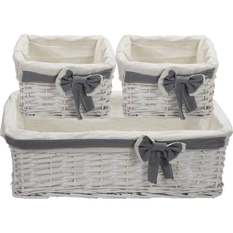 Set da 3 Cestini in vimini: 1 rettangolare di colore bianco portaoggetti mis. 45x27x15 cm 2 quadrati mis. 20x20x12 cm con fodera in tessuto - Stile B (1/5)