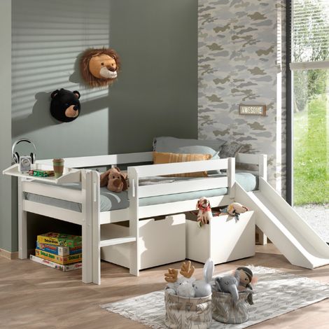 Lit mi-hauteur Pip 90x200 cm+toboggan,2 tiroirs et étagère