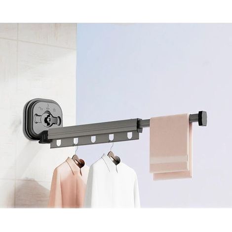 éTendoir à Linge Mural RéTractable, sans Perforation Ventouse Pliable Séchoir à Linge pour Balcon, Buanderie, Salle De Bain, Terrasse (2 Plies, Gris) (1/3)