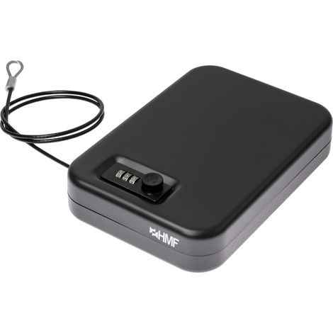 HMF 317-02 Sicherheitsbox mit Zahlenschloss, tragbarer Safe, Sicherungskabel, 24,5 x 16,5 x 5,7 cm, Schwarz (1/5)
