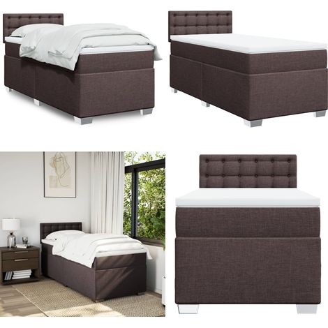 Cama box spring con colchón tela marrón oscuro 90x190 cm - Colchón de muelles - Cama con cabecero