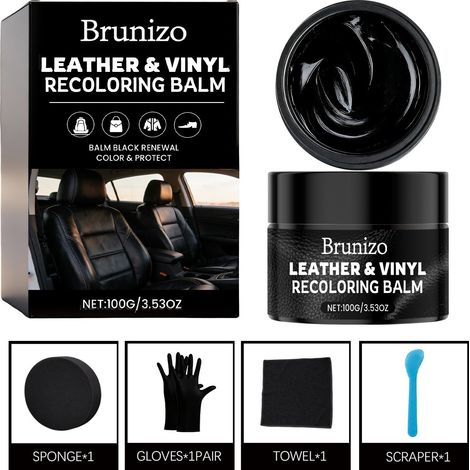 Kit de coloration et de réparation pour cuir noir pour sièges et canapés - Répare les rayures et l'usure du cuir (100 g) + Gants + Chiffon + Éponge + Grattoir (1/5)