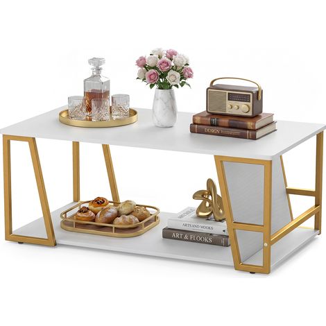COSTWAY 100x55cm 2-Tier Coffee Table with Storage Shelf and Gold Frame Gold (1/5)