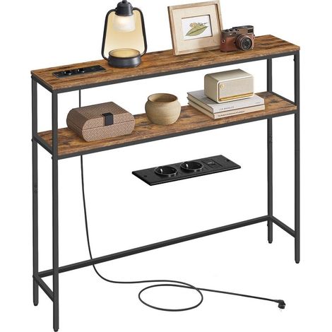 Console de couloir design épuré 20 x 100 x 80 cm avec 2 étagères fonctionnelles en panneau d'aggloméré noir d'encre (1/2)