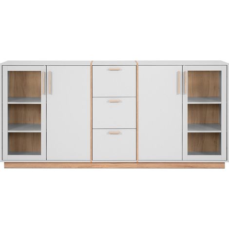 CALICOSY - Buffet 4 portes et 3 Tiroirs Décor Blanc et Bois L204 cm - SPLIT (1/5)