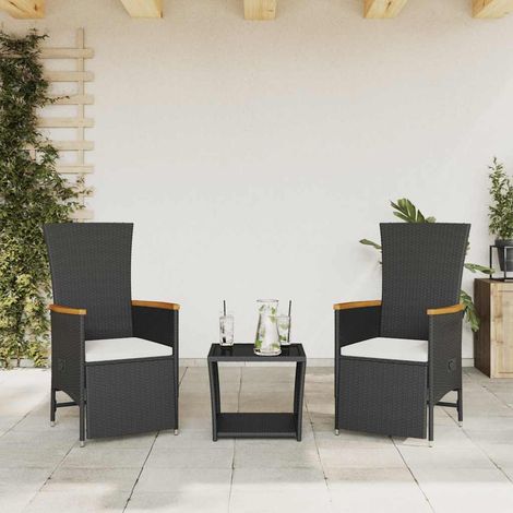 Ensemble repas de jardin 3 pièces avec fauteuils inclinables, résine tressée noire et coussins - PANGIVO (1/5)