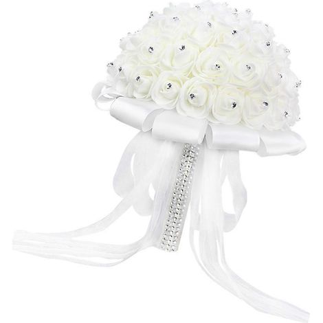 La mariée tient un bouquet de roses artificielles (blanches). (1/5)