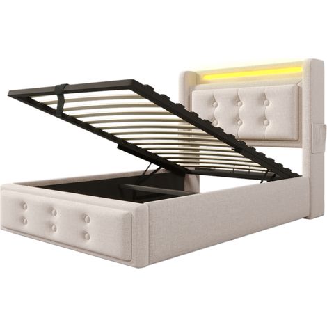 Polsterbett 90x200 cm mit LED-Kopfteil und USB-C-Anschlüssen, Holz-Metall-Rahmen, Beige (1/5)