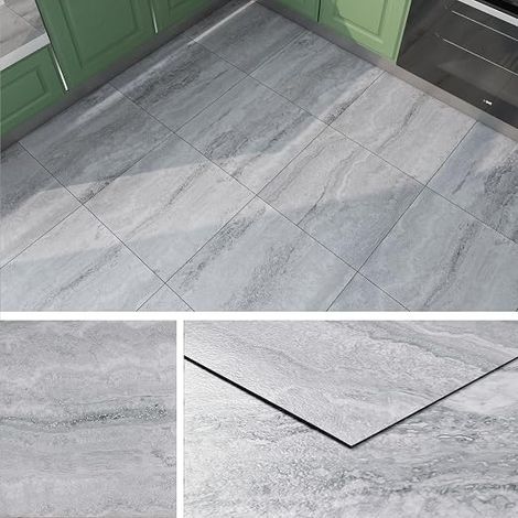 Lino Grey Marble Effect PVC Adhesive Floor Bathroom Floor Tiles 30 x 30 cm 16 Tiles Parquet Floors Adhesive Kitchen Blade Floors PVC Adhesive Bedroom Living Room Stone Look Grey (1/5)