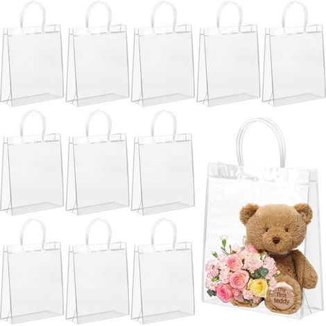 12 Stück Geschenktüten Transparent, 26 x 20 x 8 cm Durchsichtige Geschenktüten Mit Griffen, Wiederverwendbare Geschenktüten für Partygeschenke, Hochzeit, Geburtstag und Einkaufen (1/5)