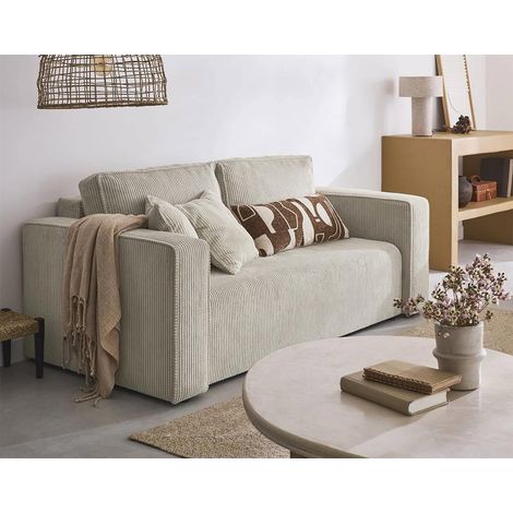 Bestmobilier – Canapé droit 2 places en velours côtelé beige – Coussins déhoussables – Structure en bois aggloméré – Style contemporain (1/5)