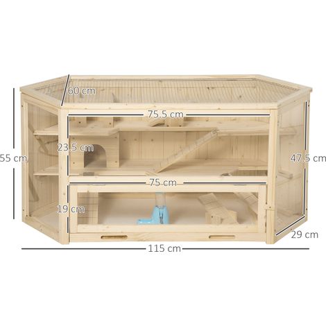 Maison pour hamster en bois à 3 niveaux avec toit ouvrant et paroi transparente. 115 x 60 x 55 cm (1/5)