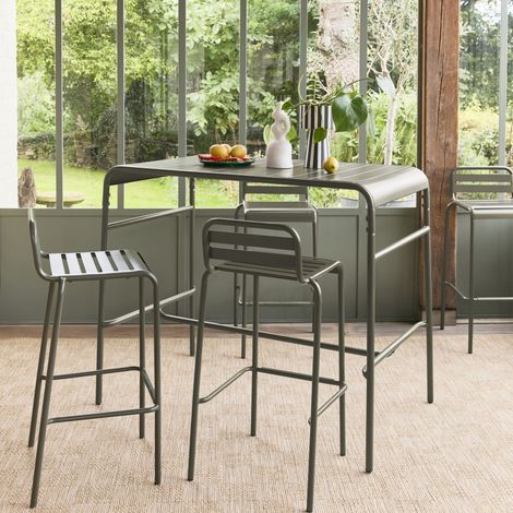 Sweeek – Ensemble table haute rectangulaire 4 places en acier – Traitement antirouille – Chaises empilables – Dimensions 120 x 70 x 95cm (1/5)