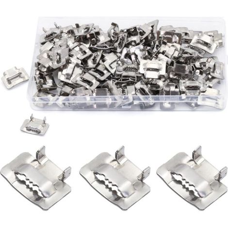 100 pièces Boucle de Cerclage en Acier 10 mm, MgcTolBox Cerclage en Acier Joints pour Feuillard de 8-10 mm Pour Fixations Extérieures et Applications Lourdes (1/4)