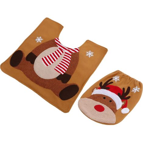Ensemble de Protection de Couvercle et Tapis de Sol pour Toilettes de Noël Motif Élan Polyester Doux et Amovible Décoration Festive pour Salle de Bain Protection Hygiénique et (1/5)
