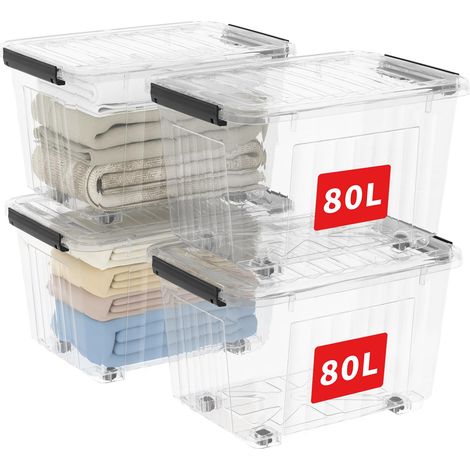 80L4 Boîtes de Rangement avec Couvercles, Boîte de Rangement en Plastique avec Clips et Roulettes, Empilables, Encastrables, pour Placard de Bureau à Domicile, Transparent, 80L, Lot de 4 (1/5)