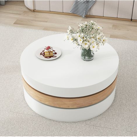 Runder drehbarer Couchtisch 60 x 60 x 35,1 cm mit Stauraum, weiß und natur HAVRYA (1/5)