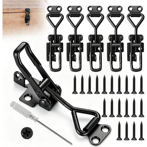 Loquet a Bascule Loquet Fermeture Porte 6 Pièces  Acier Galvanisé, Noir, Charge Max 100kg, Ajustable, Trou Cadenas, 30 Vis, 1 Tournevis, Armoires Industrielles (1/5)