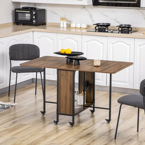 Table pliante mobile, 2 plateaux rabattables, 130 cm x 80 cm x 74 cm, marron