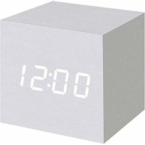 Digitaler Wecker aus Holz mit LED-Beleuchtung, digitaler Würfelwecker mit Datums- und Temperaturanzeige, USB-/Batterieanschluss (Weiß)