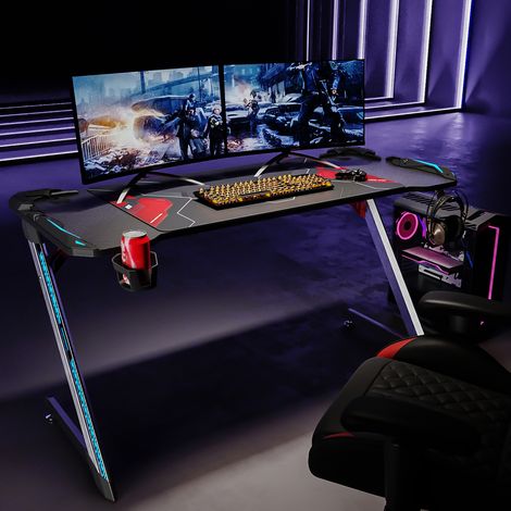 Bureau Gaming Grand 140cm à LED Inclus Tapis Souris Gobelet Support Casque Porte SIRHONA (1/5)