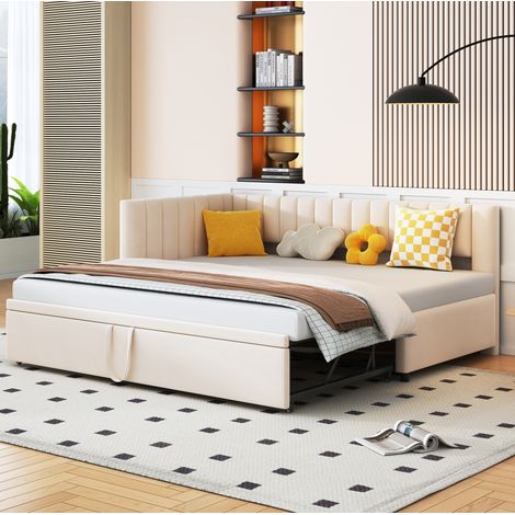 Divano letto 90x200 cm beige rivestimento imbottito con letto estraibile a L (1/5)