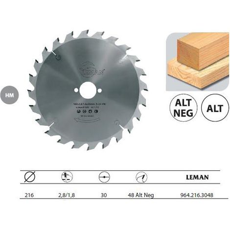 Hartmetall / Handkreissägeblatt D.216x30x48z Neg. Alt Leman