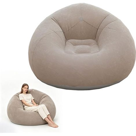 Pouf gonflable portable pour une personne, fauteuil de jardin ou canapé gonflable pliable pour le camping - 110 x 85 cm - kaki (1/2)